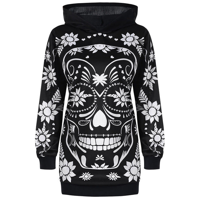 Women Monochrome Hoodie Plus Size 5XL Floral Skull Tunic Hoodie Sweatshirt