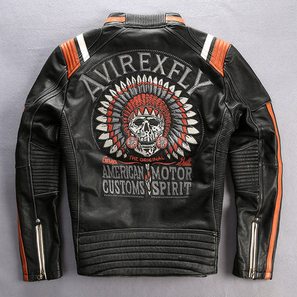 Men's Punk style Embroidery skulls leather motorcycle jacket Vintage black