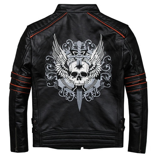 Black Men Skull Embroidery Biker Leather Jacket Plus Size 3XL Genuine Cowhide Short Motorcycle Leather Coat