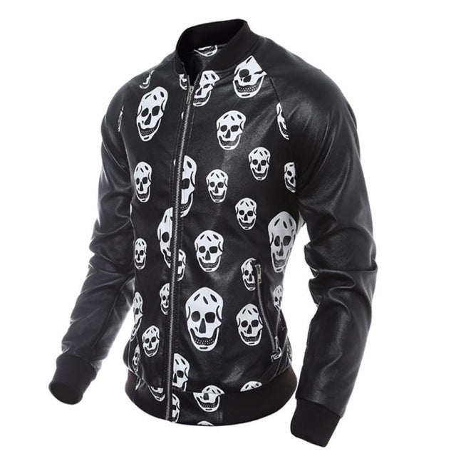 Men Leather Jacket Autumn&Winter Biker Motorcycle Zipper Outwear Skull Warm Coat