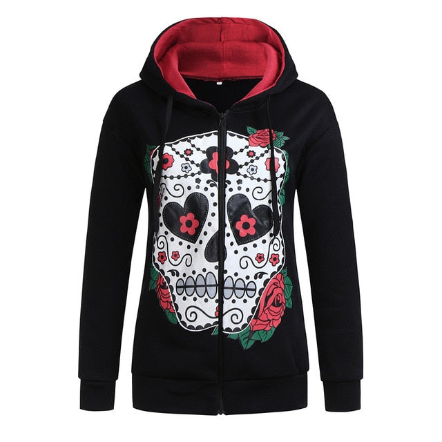 Black Long Zip Sleeve Sweatshirts Female Skull Print Casual Hoodies
