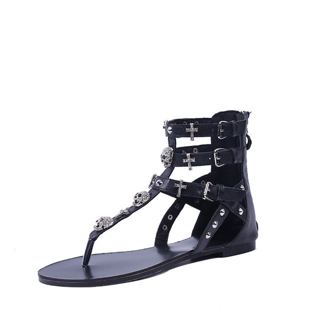 Woman Fashion Thong Sandals Rhinestone Crosses Skull