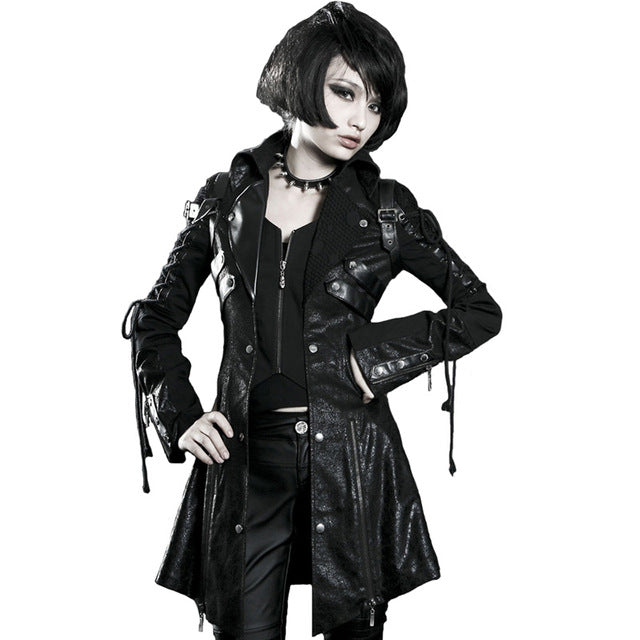 Gothic Vintage HandsomeFaux Leather Long Coats for Women Steampunk Autumn Winter Rubber Sleeve Punk Jacket Fashion Windbreakers