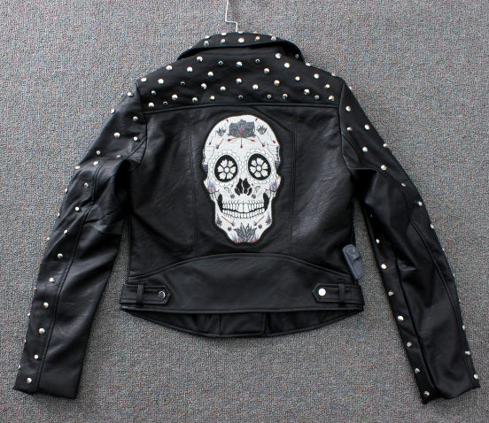 Spring Black Studded Short Faux Leather Jacket Lapel Collar Long sleeves with zips Back With Skull Embroidery Biker JACKETS