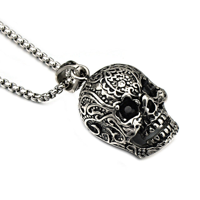 Hiphop Jewelry Stainless Steel Skull Head Rhinstone Eye Pendant Link Chain Necklace Bikers Heavy Metal Jewelry Gifts 2MJ