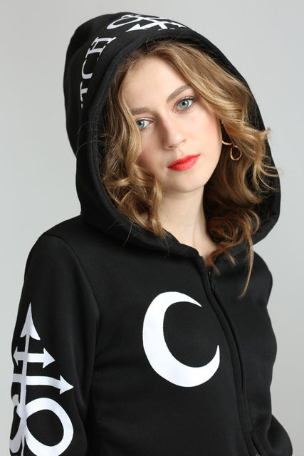 Women Hoodies Clothes Gothic Punk Moon Letters Printed Sweatshirts Winter Autumn Long Sleeve Jacket Zipper Coat