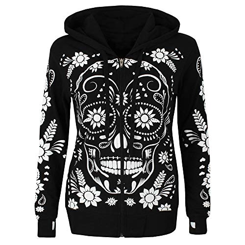 Women Hoodies Zip Up Tops Fashion Skull Flowers