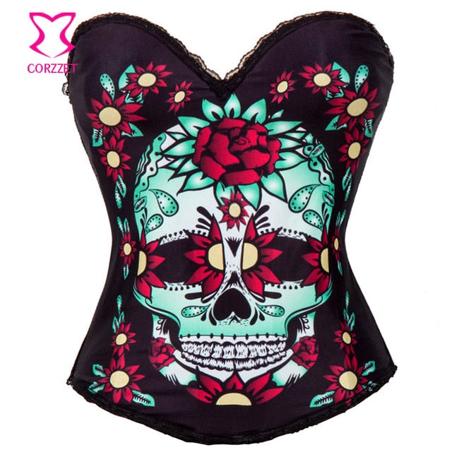Cotton Printing Floral Skull Corset Gothic