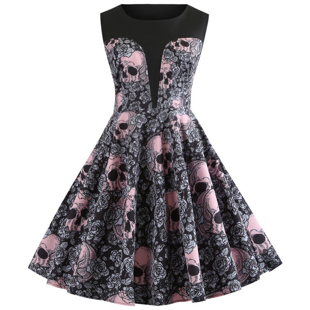 Pink Skull Print Halloween Dress Women Autumn Vintage Dress