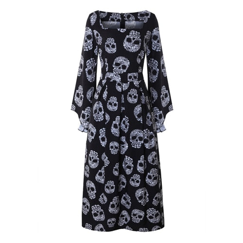 Women Fashionable Pin up Long Flare Sleeve Square Collar Sugar Skull Print Halloween Party Clothing Maxi Dress elegant