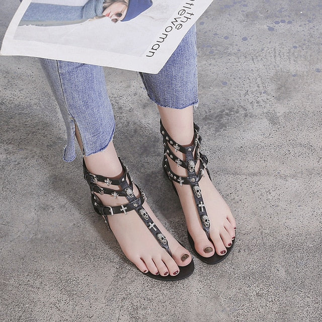 Fashion Sandals Woman Rhinestone Shoes Female Crosses Skull