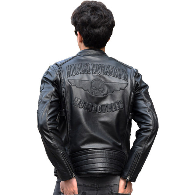 Black Men Slim Fit Biker's Leather Jacket Plus Size XXXL Genuine Thick Cowhide Short Skulls Motorcycle Coat