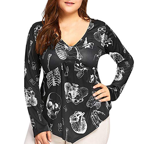 Plus Size Women's Halloween V-Neck T-Shirt with Skull Print Casual Women Shirt