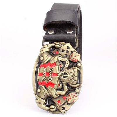 Cool belt for men punk belt golden skull buckle Skull clown pattern cow leather Gambler Skeleton hip hop belt men's gift