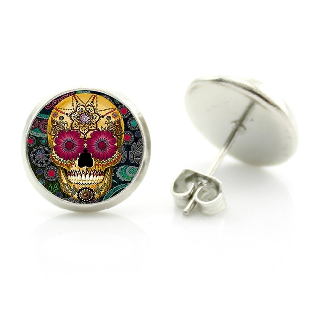 fashion colorful Sugar Skull glass cabochon women stud earrings men women day of the dead jewelry new holiday gifts D1014