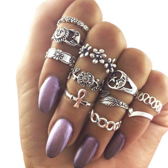 7 Style Vintage Knuckle Rings for Women Boho Geometric Flower Crystal Ring Set Bohemian Midi Finger Jewelry Bague Femme