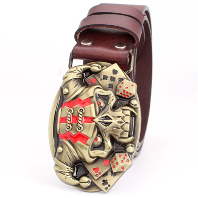 Cool belt for men punk belt golden skull buckle Skull clown pattern cow leather Gambler Skeleton hip hop belt men's gift