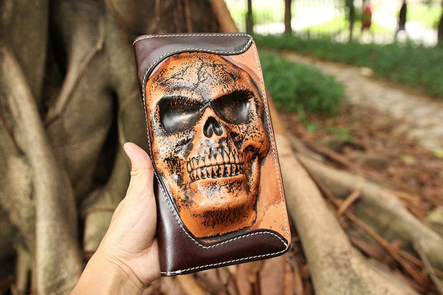 New punk type tanning cowhide skeleton skull wallet