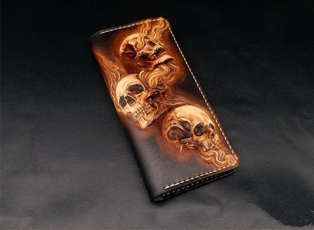 Handmade Wallets Carving Three Skulls Purses Men Long Clutch Vegetable Tanned Leather Wallet Card Holder