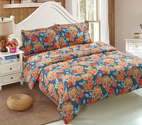 Sugar Skull with Flowers Duvet Cover Golden Bedding Set