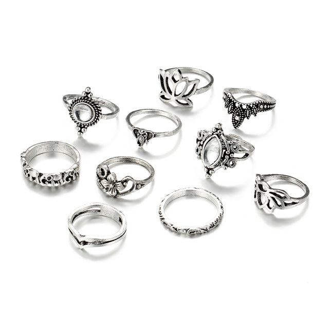 Vintage 10pcs/set Knuckle Rings Bohemian Carved Hollow Out Crystal Lotus Elephant Rings for Women Party Midi Ring Jewelry Gift