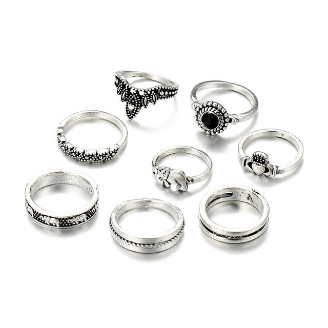 8pcs/set Boho Knuckle Rings Carved Elephant Heart Crown Rings for Women Vintage Party Midi Ring Jewelry valentines day gift
