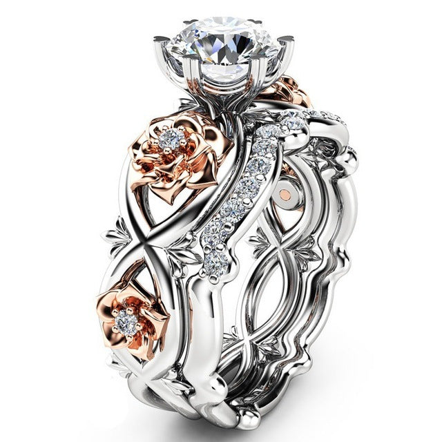 2pcs Set Crystal Wedding Rings Rhinestone Rings for Women Infinity Love Rose Flower Ring Full Size anillos mujer Silver Color
