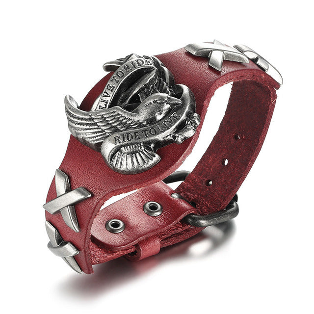 LIVE TO RIDE, RIDE TO LIVE Leather Bikers Bracelet for Men 60's Styled Motorcycle Adjustable Bangle Male Hip-hop Jewelry