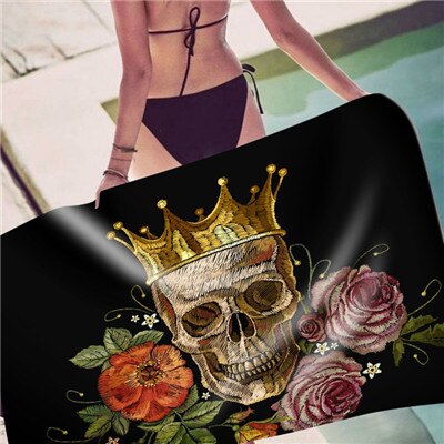 Summer Microfiber Rectangle Beach Towel Rose Flowers Skull