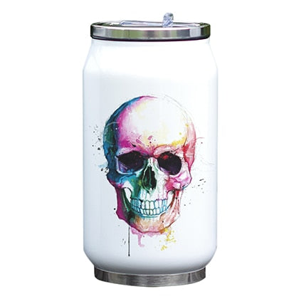 Cool Design Bottle Skull Thermos Cup with Straw Creative Watercolor Painting Print Bottle Stainless Steel Vacuum Insulated