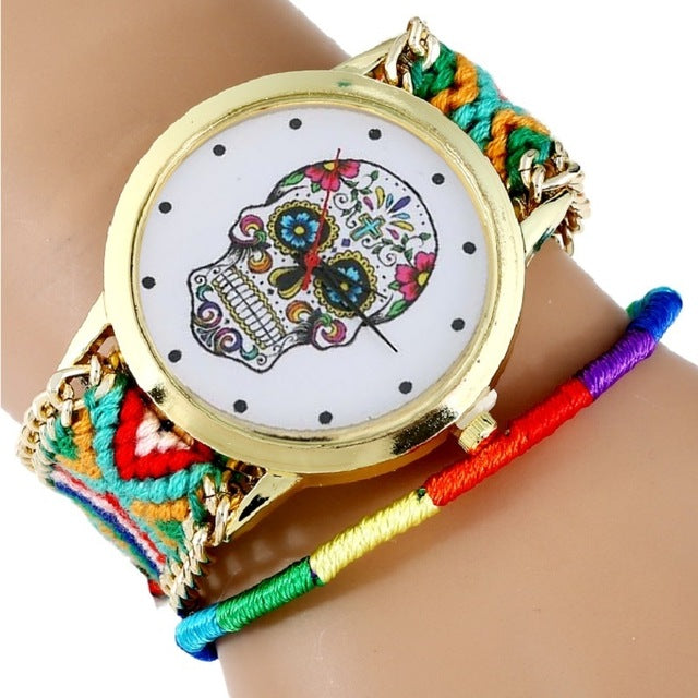 Women Watch Sugar Skull woman dress wristwatch Fashion Hippie Fabric Bracelet Skeleton reloj dama Geneva Style