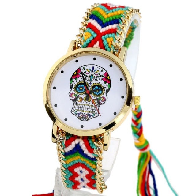 Women vintage Mexican Catrina Style Skull Fashion wristwatch Lace Golden Braided