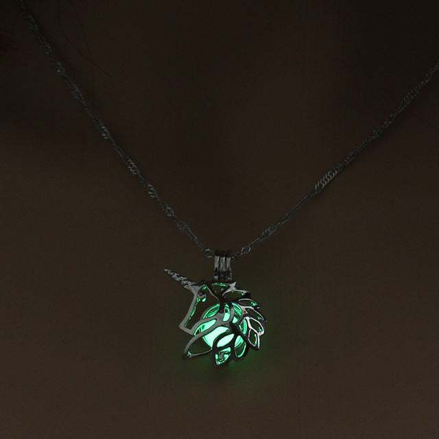 Glow in The Dark Hollow Animal Unicorn Necklace Women Jewelry Luminous Silver Pendant Chain Choker Necklaces