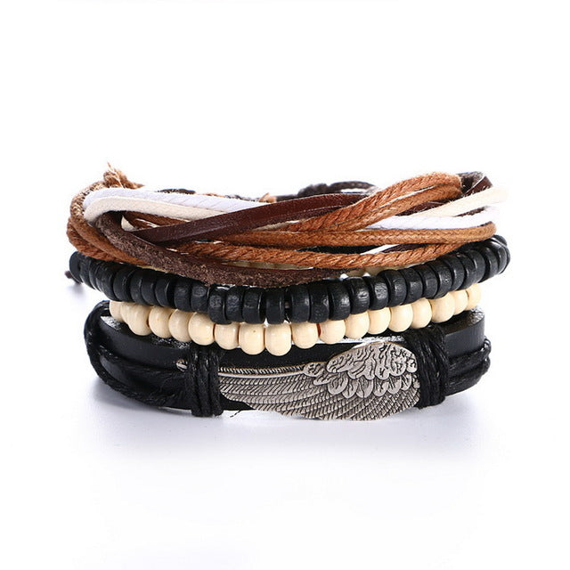 1 Set 4PCS leather bracelet Men's multi-layer bead bracelet women's retro punk casual men's jewelry bracelet jewelry accessories