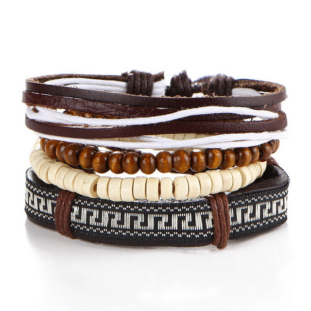 1 Set 4PCS leather bracelet Men's multi-layer bead bracelet women's retro punk casual men's jewelry bracelet jewelry accessories