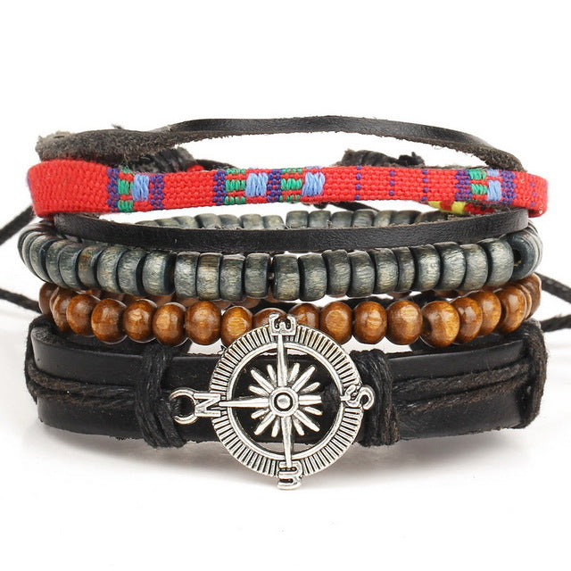 1 Set 4PCS leather bracelet Men's multi-layer bead bracelet women's retro punk casual men's jewelry bracelet jewelry accessories