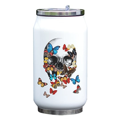 Cool Design Bottle Skull Thermos Cup with Straw Creative Watercolor Painting Print Bottle Stainless Steel Vacuum Insulated
