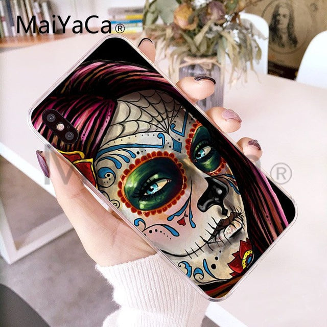 Funny Sugar Skull Girl Tattoo Transparent Shell Phone Case For iphone