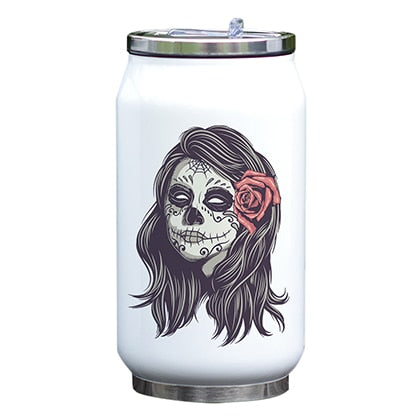 Cool Design Bottle Skull Thermos Cup with Straw Creative Watercolor Painting Print Bottle Stainless Steel Vacuum Insulated