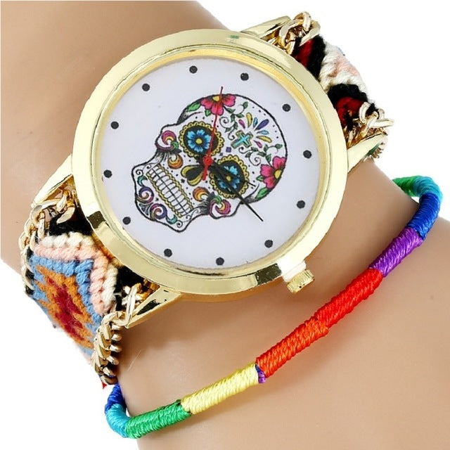 Women Watch Sugar Skull woman dress wristwatch Fashion Hippie Fabric Bracelet Skeleton reloj dama Geneva Style