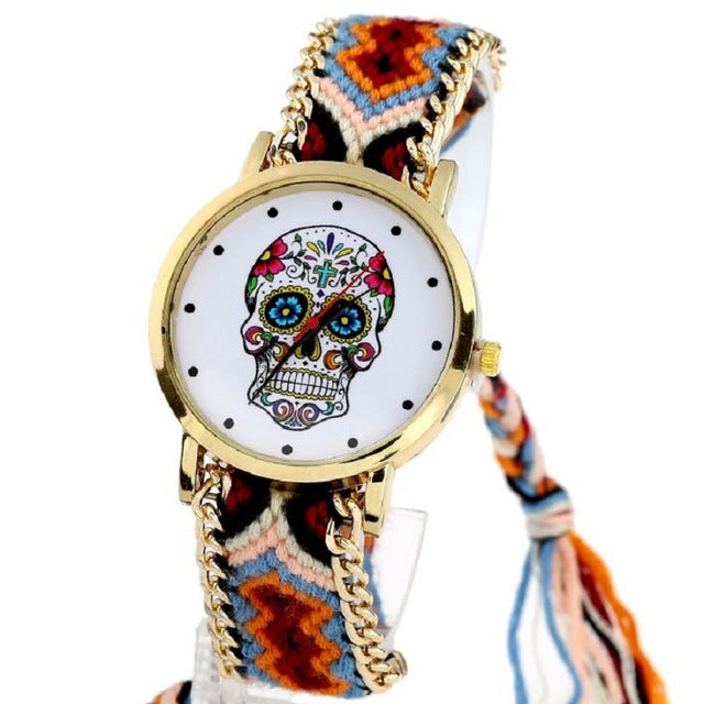Women vintage Mexican Catrina Style Skull Fashion wristwatch Lace Golden Braided