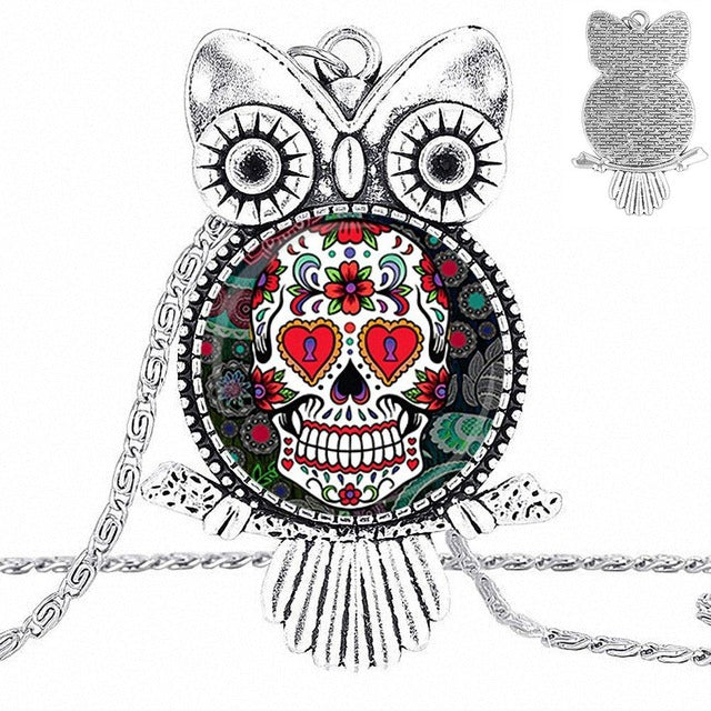 Sugar Skull Design Fashion Vintage Glass Women Owl Necklace