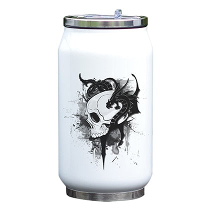 Cool Design Bottle Skull Thermos Cup with Straw Creative Watercolor Painting Print Bottle Stainless Steel Vacuum Insulated