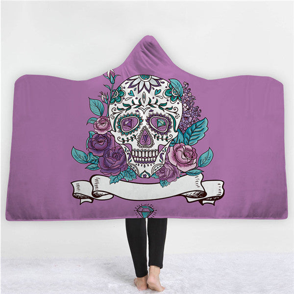 Halloween Skull Hooded Blanket Winter Warm Coral Fleece Printed Portable Anti-Pilling Soft Fluffy Blanket Thick Luxury Family