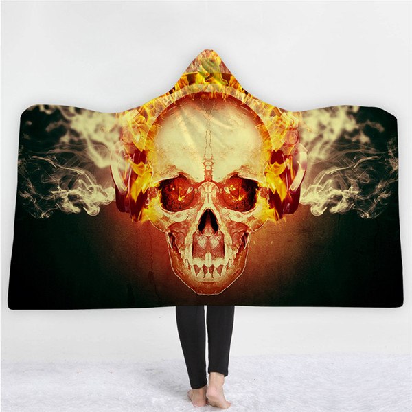 Halloween Skull Hooded Blanket Winter Warm Coral Fleece Printed Portable Anti-Pilling Soft Fluffy Blanket Thick Luxury Family