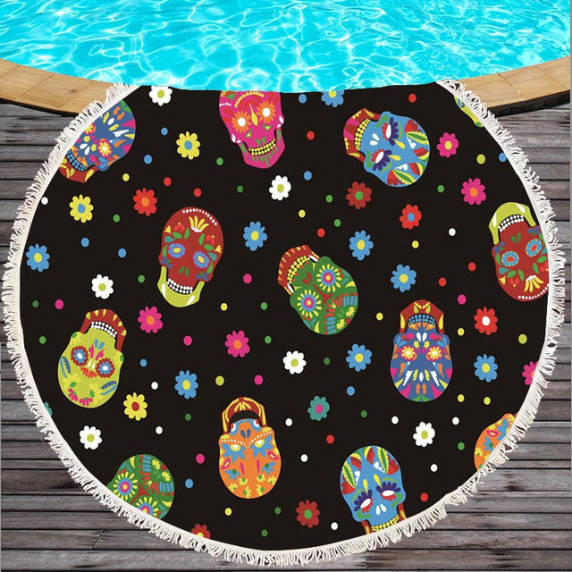Large Bath Towel for Beach Thick Round 3d Sugar Skull Printed Beach Towel Fabric Quick Compressed Towel Tapestry Yoga Mat
