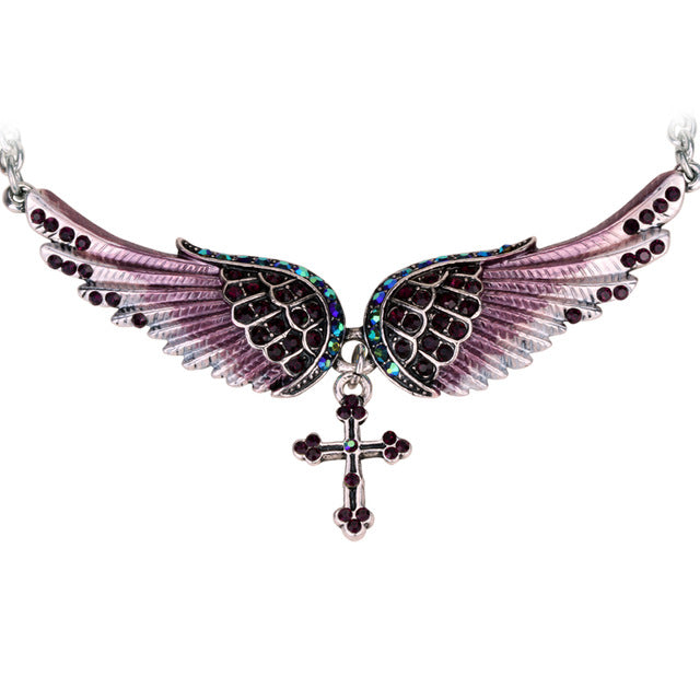 Angel Wing Cross Choker Necklace Guardian Women Biker Crystal Jewelry Gifts