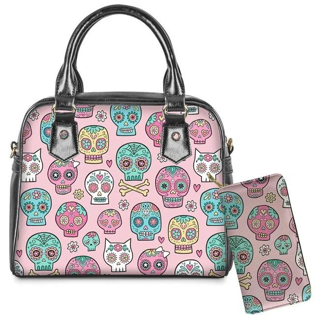 2Pcs/set Sugar Skull Print Shoulder Messenger Cross-body Bag and Wallet
