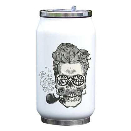 Cool Design Bottle Skull Thermos Cup with Straw Creative Watercolor Painting Print Bottle Stainless Steel Vacuum Insulated