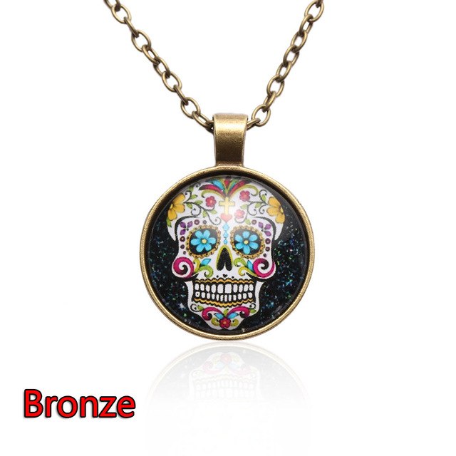 1 Pc Cabochon Glass Silver/Bronze/Black Pendant Sugar Skull Steampunk Necklaces Nice Exquisite Unique Gift  for Women